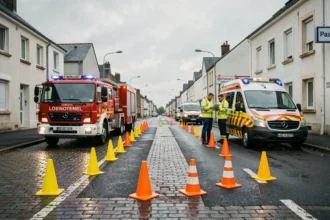 Véhicules de secours et pompiers sur les lieux d'un accident à Lorient, cônes de signalisation orange sur la chaussée