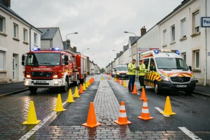 Véhicules de secours et pompiers sur les lieux d'un accident à Lorient, cônes de signalisation orange sur la chaussée