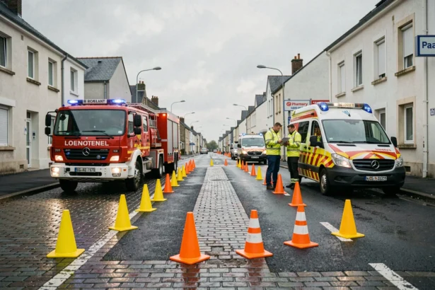 Véhicules de secours et pompiers sur les lieux d'un accident à Lorient, cônes de signalisation orange sur la chaussée