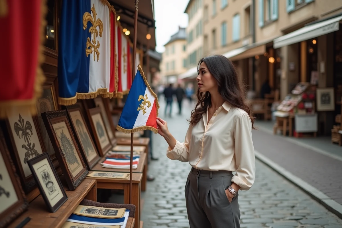 Femme inspectant un drapeau royal français fleur de lys dans un marché de brocante en France