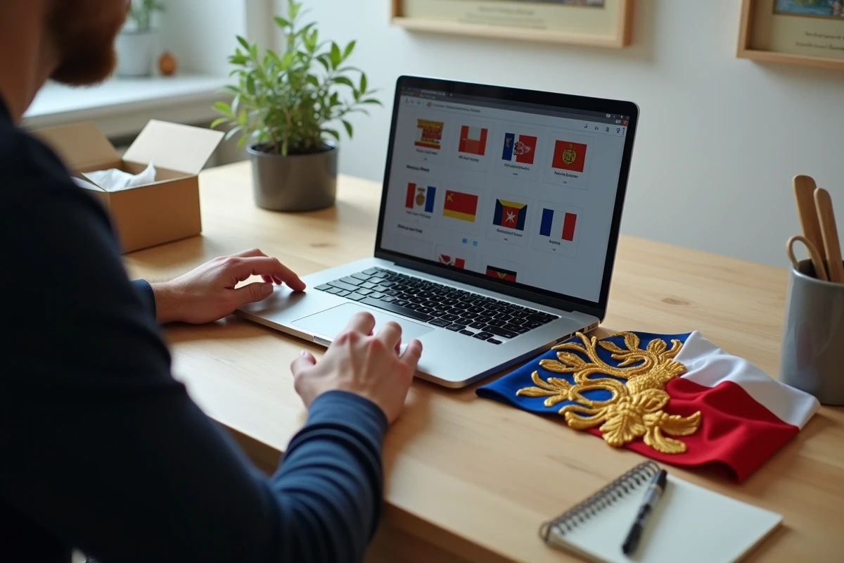 Achat en ligne d'un drapeau des rois de France fleur de lys sur un bureau moderne avec déballage du produit