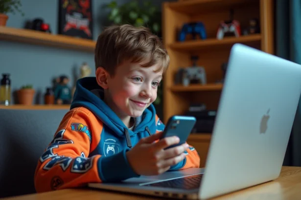 Adolescent qui scanne un QR code Brawl Stars sur un ordinateur portable avec son smartphone dans sa chambre de gamer