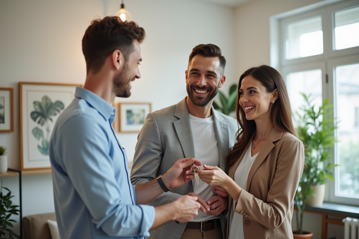 Agent immobilier donnant les clés à un couple souriant dans un studio lumineux