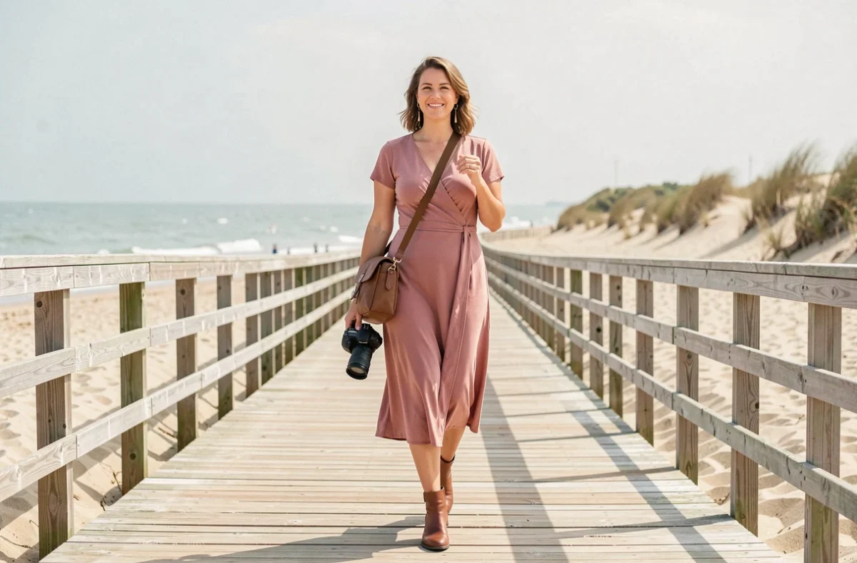 Amélie Jouchoux photographe marchant sur un boardwalk de plage vendéenne avec son appareil photo
