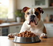 American Bulldog assis à une table de cuisine propre