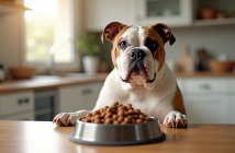 American Bulldog assis à une table de cuisine propre