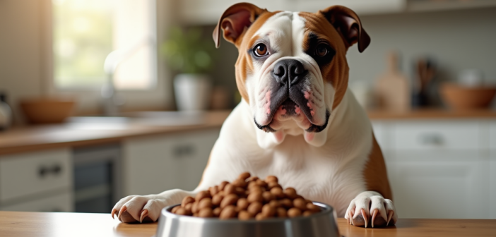American Bulldog assis à une table de cuisine propre