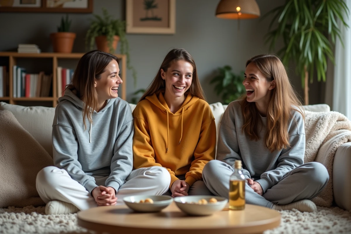 Trois amies qui partagent des blagues entre elles dans un salon cosy, atmosphère détendue et complice