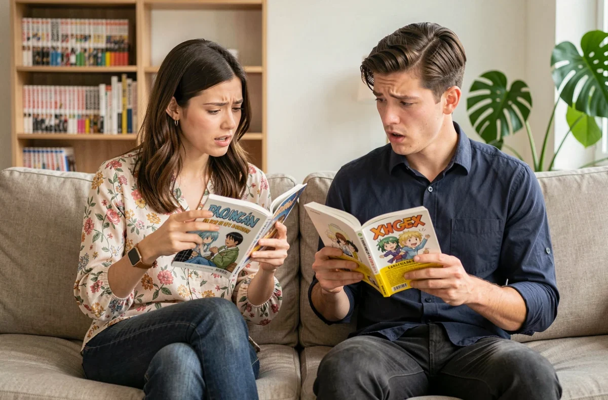 Deux amis comparant des volumes de manga sur un canapé pour éviter de rater des chapitres de Just Friends