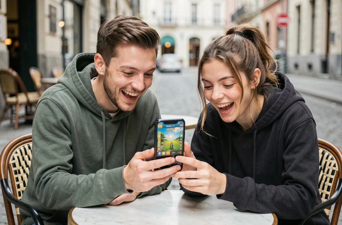 Deux amis consultant un site de lancers de dés gratuits pour Monopoly GO depuis un café en ville