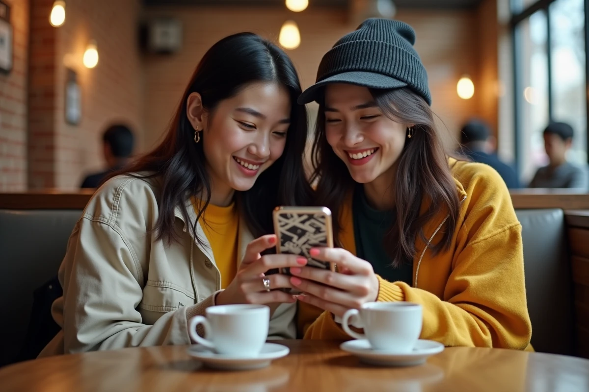 Deux amis fans de manga partageant des scans sur un smartphone dans un café urbain avec des tasses de café sur la table