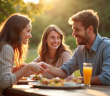 Trois amis partageant un pique-nique en plein air