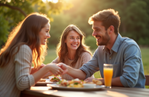 Trois amis partageant un pique-nique en plein air