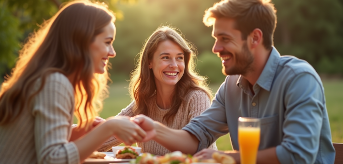 Trois amis partageant un pique-nique en plein air