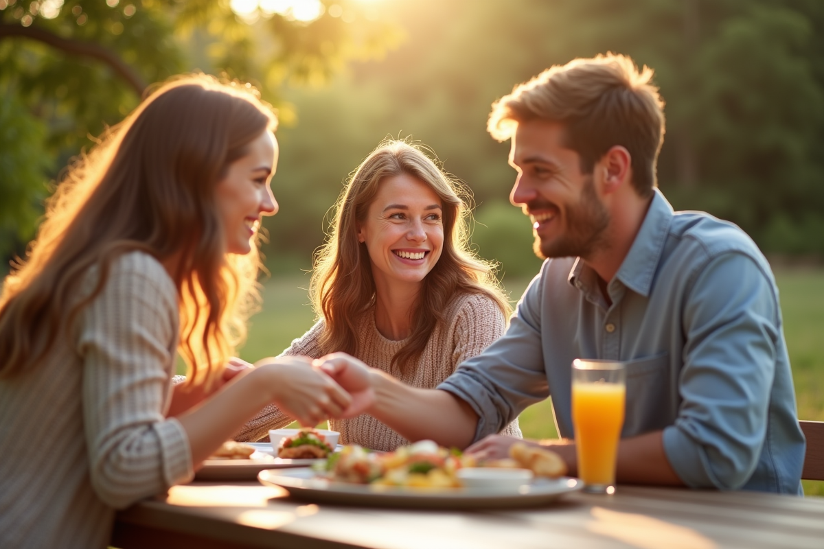Trois amis partageant un pique-nique en plein air