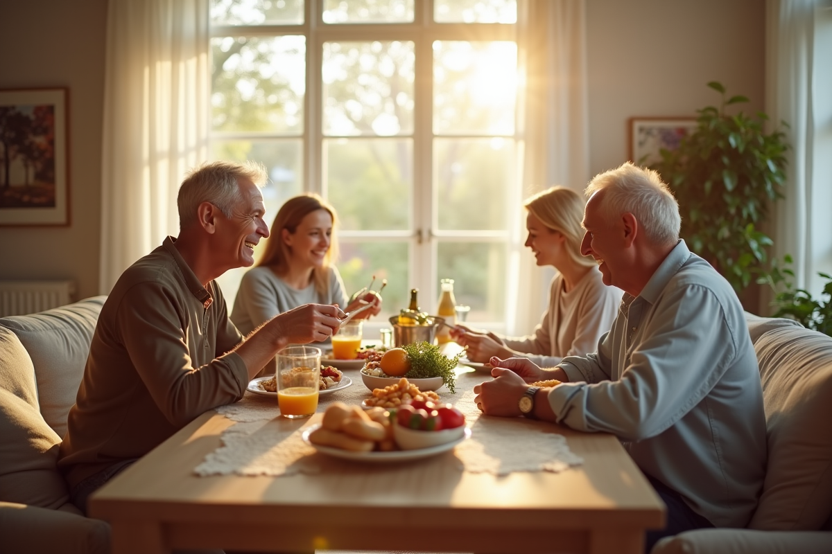 Deux couples partageant un repas convivial dans un salon lumineux