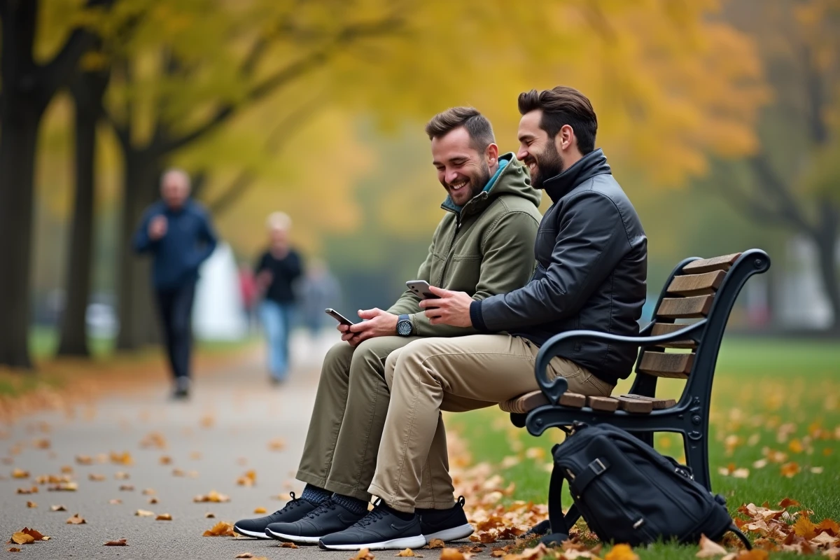 Deux amis qui rient d'une blague sur un banc de parc en automne, regardant un téléphone ensemble