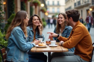 Groupe d'amis qui rient ensemble autour d'un café en terrasse, partageant une blague privée