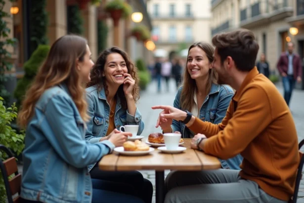 Groupe d'amis qui rient ensemble autour d'un café en terrasse, partageant une blague privée