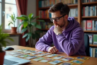 Jeune homme analysant des cartes Pokémon de type Psy disposées stratégiquement sur un bureau en bois