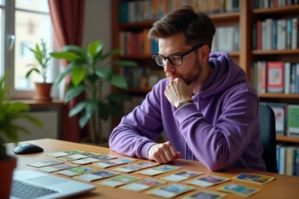 Jeune homme analysant des cartes Pokémon de type Psy disposées stratégiquement sur un bureau en bois