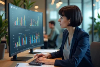 Analyste web féminine examinant des statistiques de trafic Fusov 2026 sur un écran d'ordinateur en open space