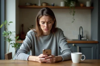Femme regardant son téléphone avec un appel entrant affichant l'indicatif +44 du Royaume-Uni