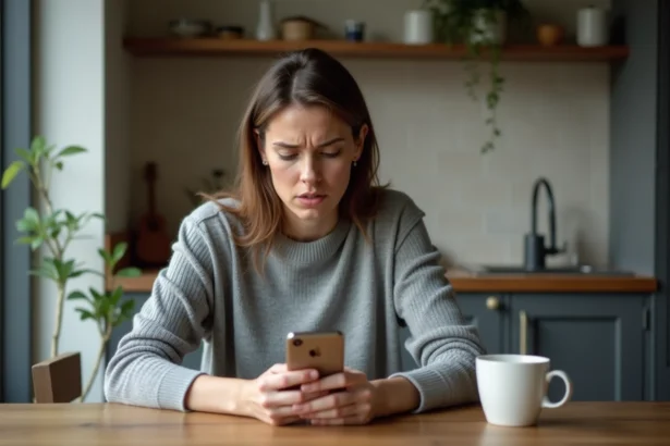 Femme regardant son téléphone avec un appel entrant affichant l'indicatif +44 du Royaume-Uni