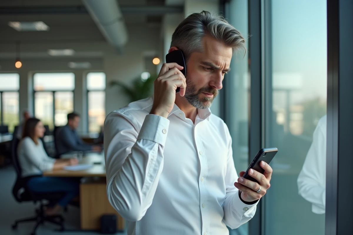 Homme en bureau recevant un appel téléphonique suspect avec l'indicatif international +44