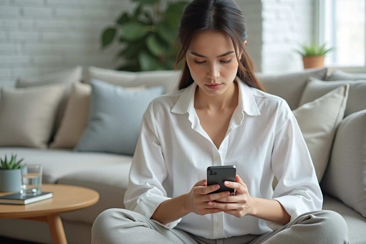 Jeune femme vérifiant le calcul d'un intervalle entre deux dates sur une application smartphone