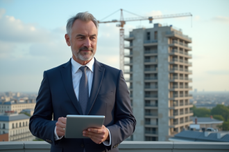 Architecte homme en costume bleu examinant plans numériques à Paris