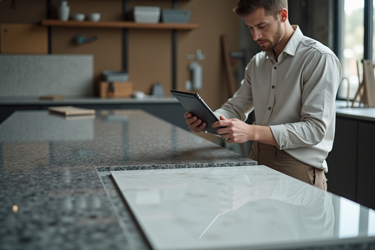Artisan inspectant un comptoir en granite dans un atelier professionnel