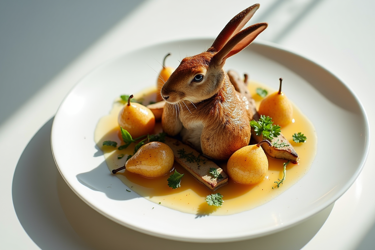 Assiette moderne de lapin au cidre avec poires et herbes