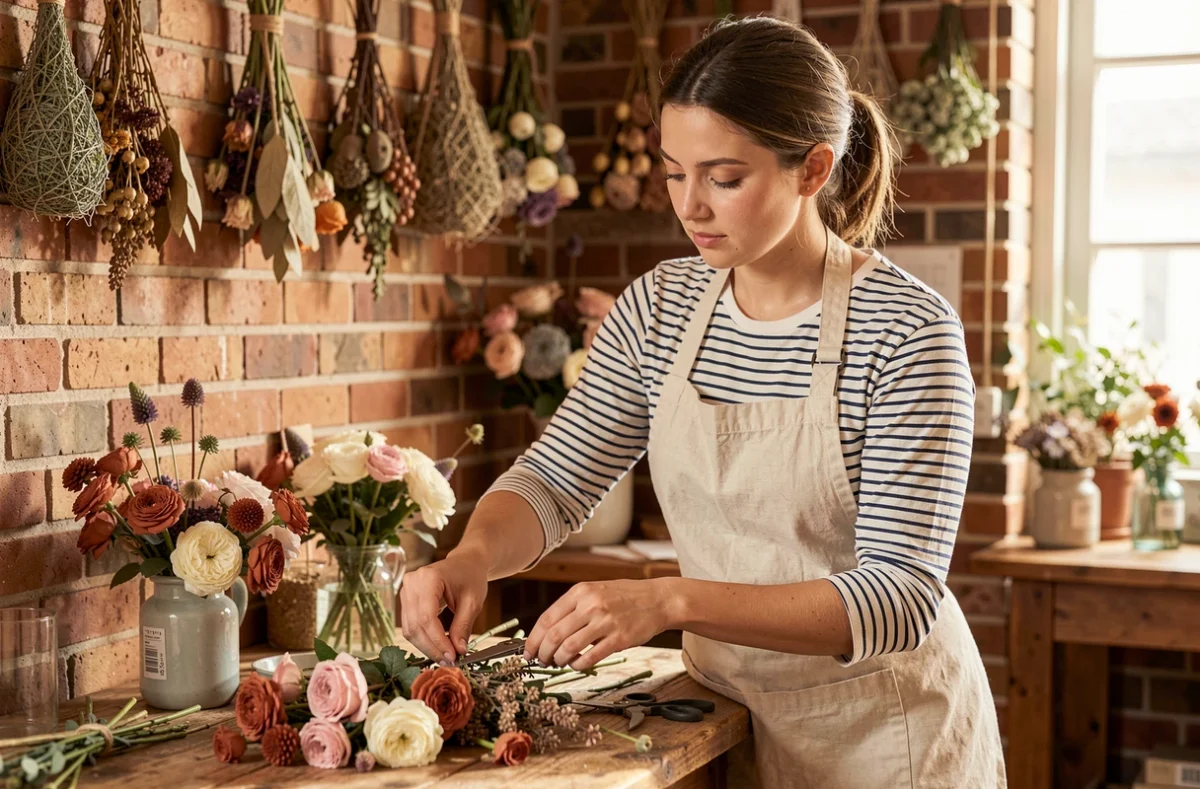 Léa de L'Atelier de Léa arrangeant des fleurs et accessoires dans son studio atelier en Vendée