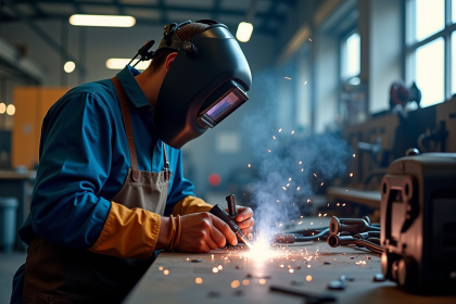 Soudeur inspectant un équipement de soudage de qualité dans un atelier lumineux