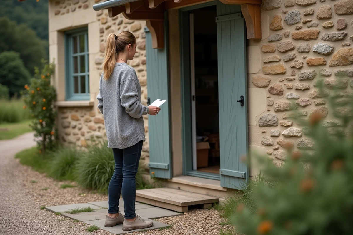 Femme déçue tenant un avis de passage Colissimo devant la porte d'une maison rurale française sans colis livré