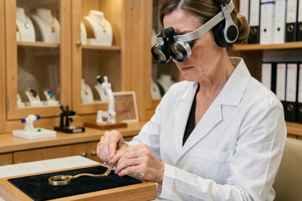 Bijoutière experte examinant un bracelet en or avec poinçon étranger dans un atelier d'expertise professionnelle