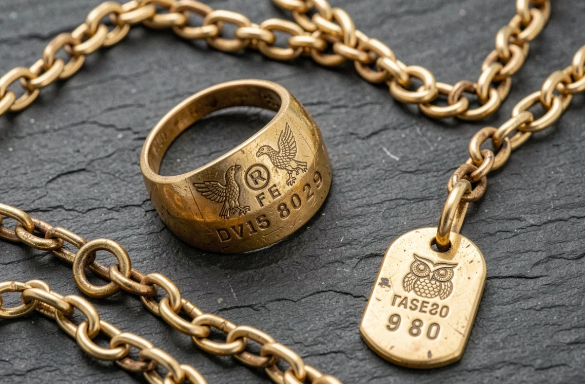 Bijoux en or anciens avec différents poinçons étrangers disposés sur une surface en ardoise pour expertise et estimation