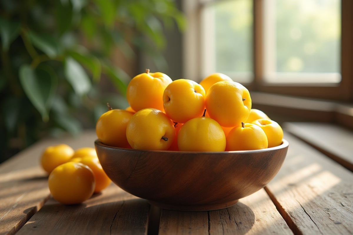 Bol de fruits jaunes yunnan hackberry sur table en bois