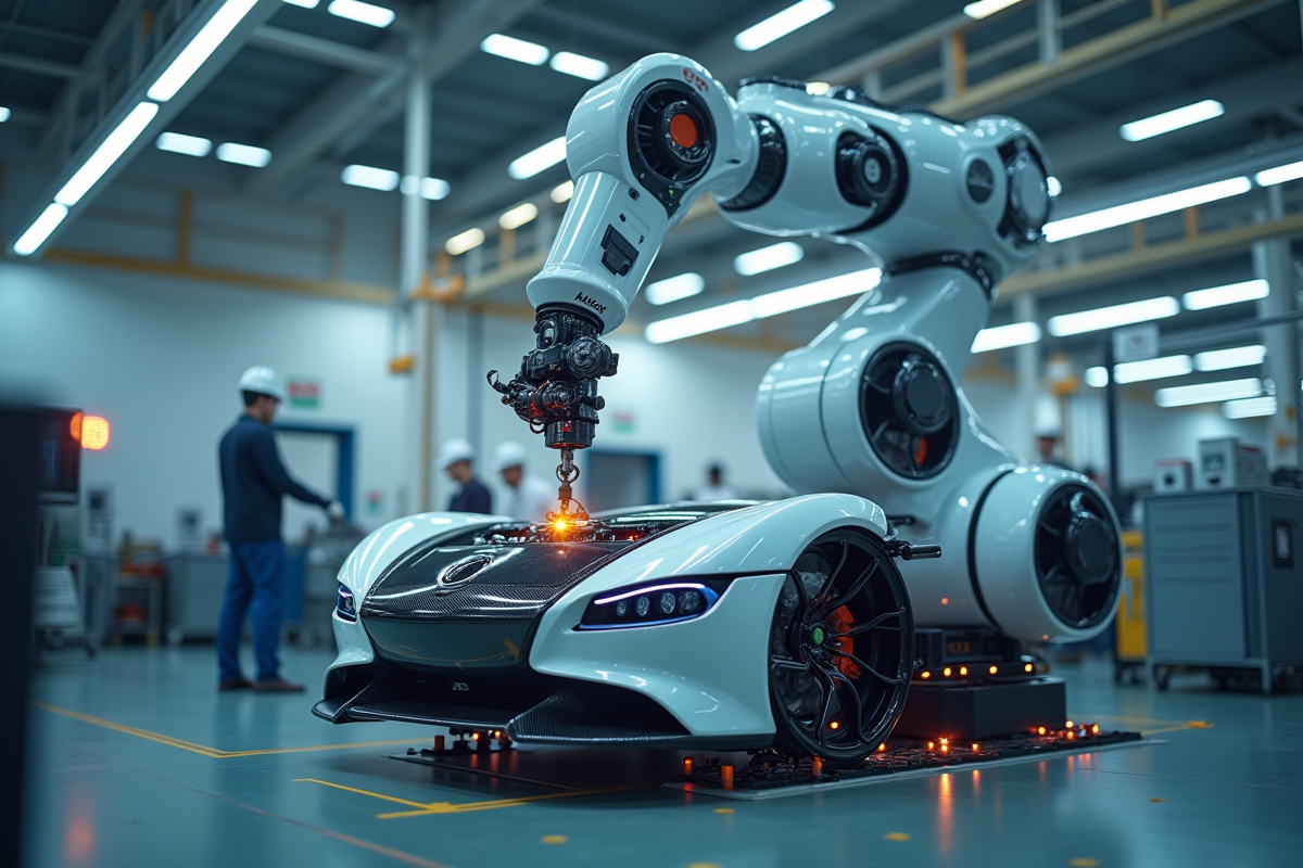 Bras robotique assemblant voitures électriques écologiques