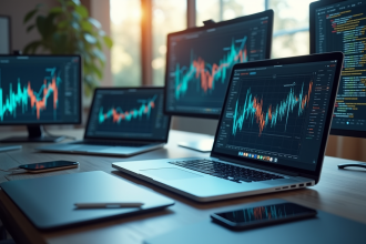 Bureau moderne avec écrans et appareils numériques illustrant la technologie