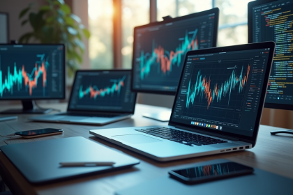 Bureau moderne avec écrans et appareils numériques illustrant la technologie