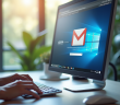 Espace de bureau moderne avec écran webmail et clavier
