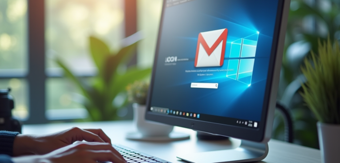 Espace de bureau moderne avec écran webmail et clavier