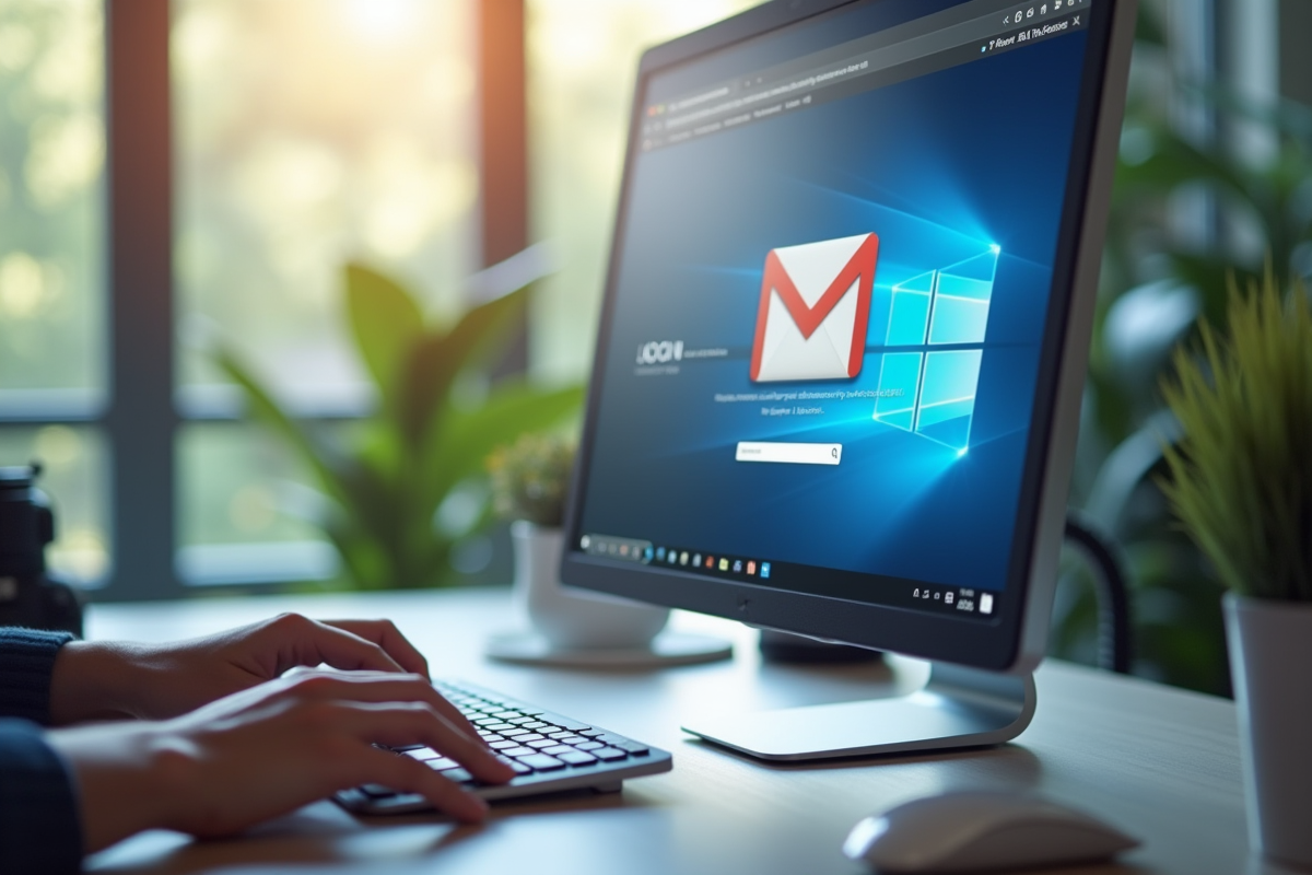 Espace de bureau moderne avec écran webmail et clavier