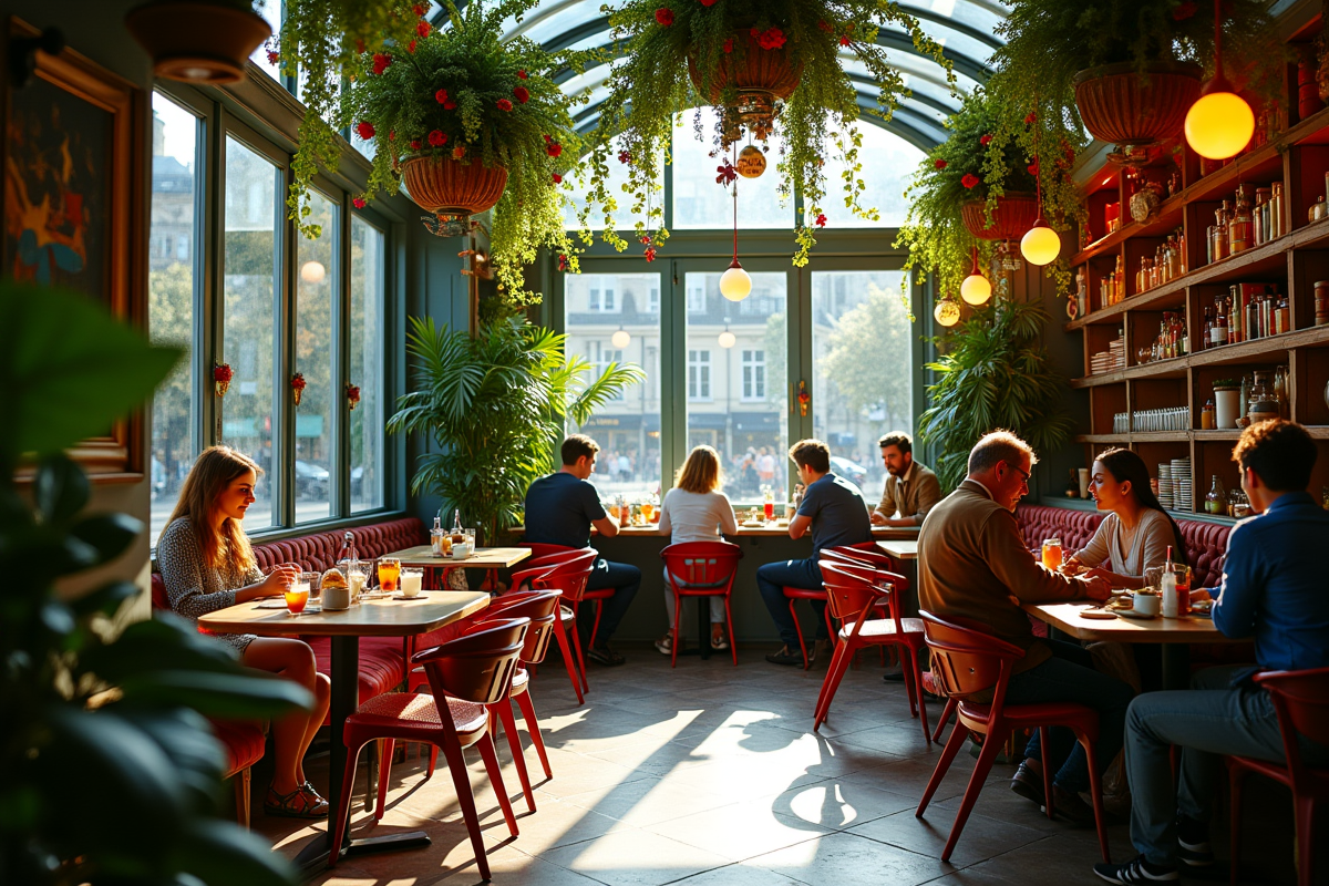 Café parisien décoré de plantes et fleurs suspendues