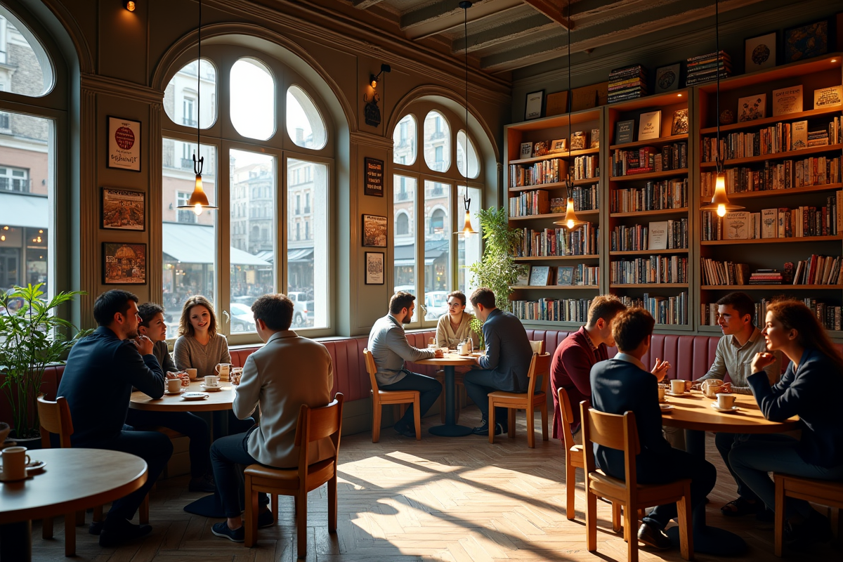 Café parisien cosy dans une librairie vintage ensoleillée
