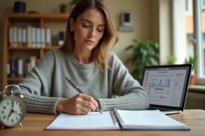 Femme calculant le temps entre deux dates sur un calendrier papier dans un bureau à domicile