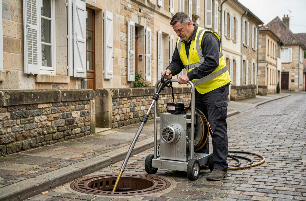 Spécialiste Canalisation Service 21 effectuant un débouchage haute pression sur une rue en Côte-d'Or