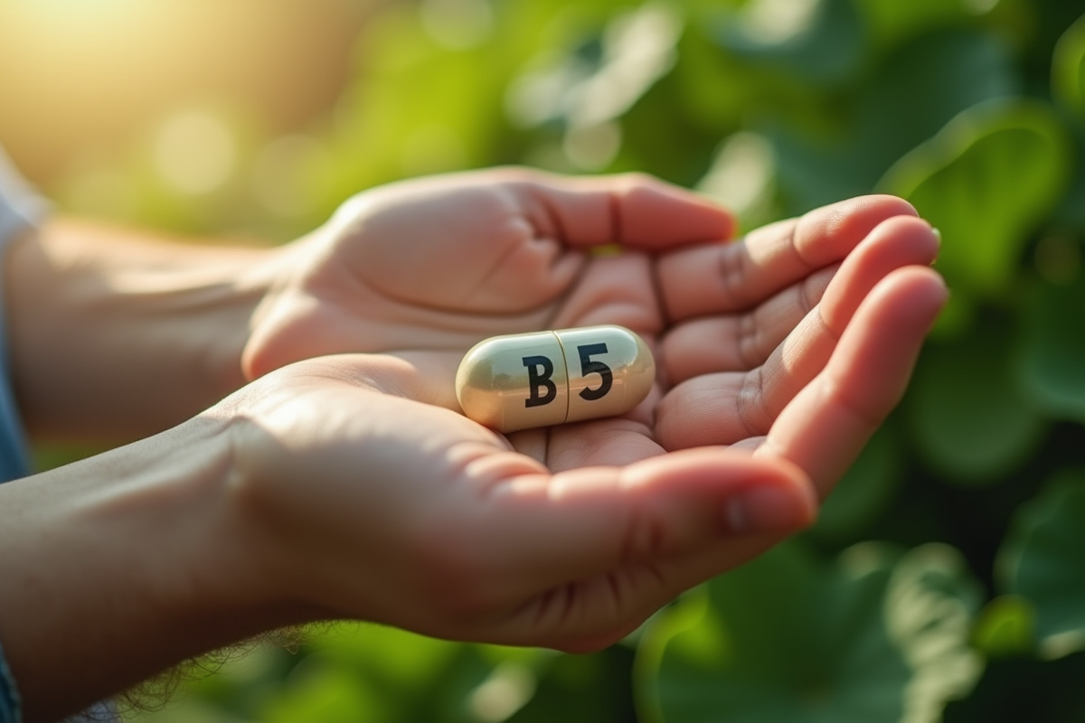 Mains tenant une capsule de vitamine B5 avec légumes en arrière-plan